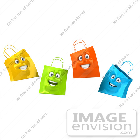 #46629 Royalty-Free (RF) Illustration Of A 3d Group Of Four Happy Colorful Shopping Bag Faces by Julos