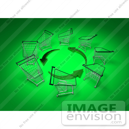 #46661 Royalty-Free (RF) Illustration Of A Circle Of 3d Shopping Carts Around Circling Green Arrows - Version 1 by Julos