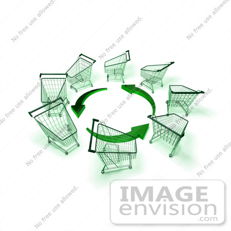 #46664 Royalty-Free (RF) Illustration Of A Circle Of 3d Shopping Carts Around Circling Green Arrows - Version 3 by Julos