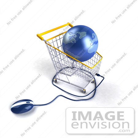 #46668 Royalty-Free (RF) Illustration Of A 3d Blue Globe Resting In A Shopping Cart With A Computer Mouse - Version 4 by Julos
