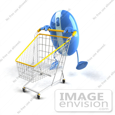 #46671 Royalty-Free (RF) Illustration Of A 3d Blue Computer Mouse Mascot Pushing A Shopping Cart - Version 6 by Julos