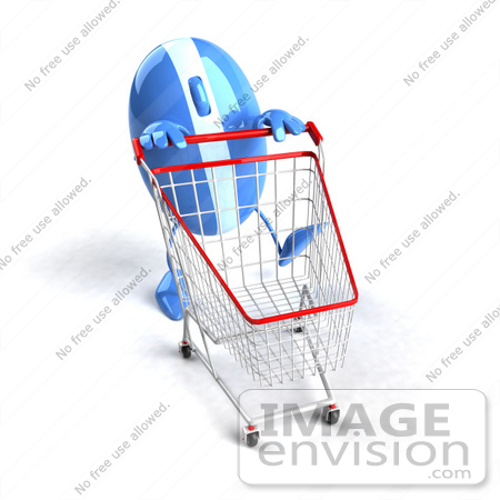 #46675 Royalty-Free (RF) Illustration Of A 3d Blue Computer Mouse Mascot Pushing A Shopping Cart - Version 5 by Julos