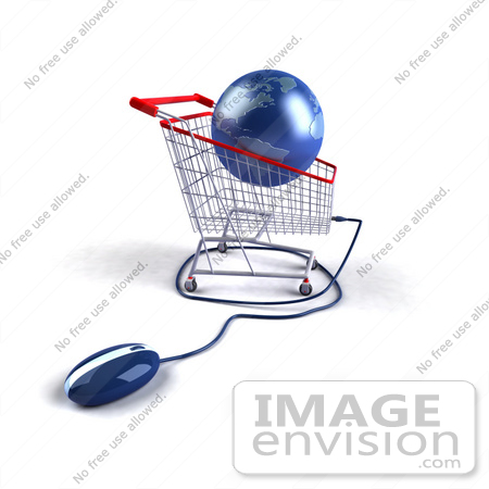 #46676 Royalty-Free (RF) Illustration Of A 3d Blue Globe Resting In A Shopping Cart With A Computer Mouse - Version 1 by Julos