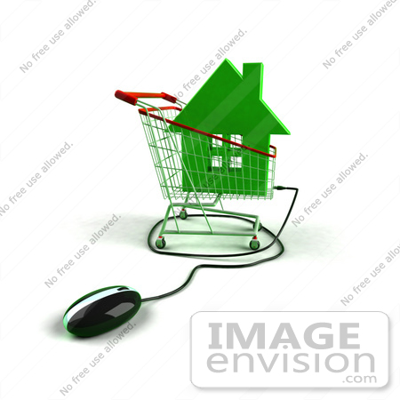 #46677 Royalty-Free (RF) Illustration Of A 3d Computer Mouse Under A Green House In A Shopping Cart by Julos