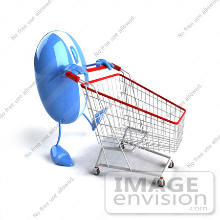 #46680 Royalty-Free (RF) Illustration Of A 3d Blue Computer Mouse Mascot Pushing A Shopping Cart - Version 4 by Julos