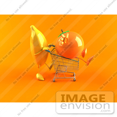 #46681 Royalty-Free (RF) Illustration Of A 3d Banana Mascot Pushing An Orange In A Shopping Cart - Version 2 by Julos
