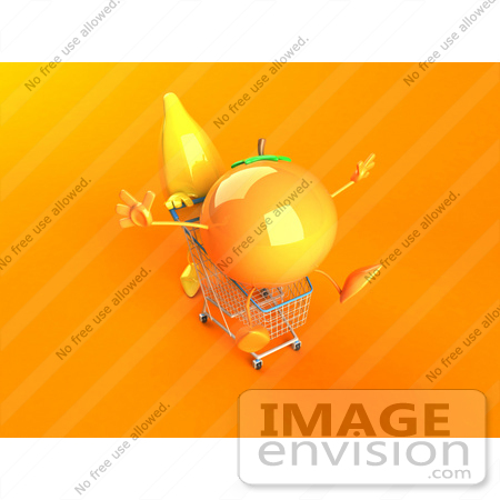 #46682 Royalty-Free (RF) Illustration Of A 3d Banana Mascot Pushing An Orange In A Shopping Cart - Version 1 by Julos