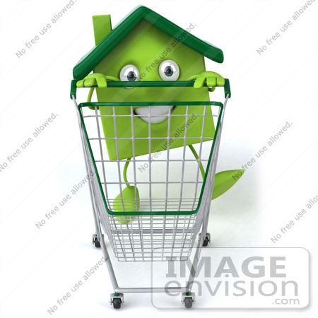 #46683 Royalty-Free (RF) Illustration Of A 3d Green Clay Home Mascot Pushing A Shopping Cart - Version 2 by Julos