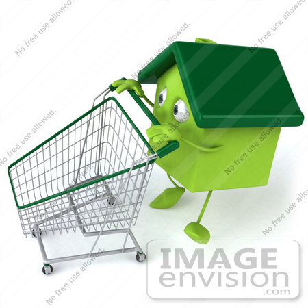 #46684 Royalty-Free (RF) Illustration Of A 3d Green Clay Home Mascot Pushing A Shopping Cart - Version 3 by Julos