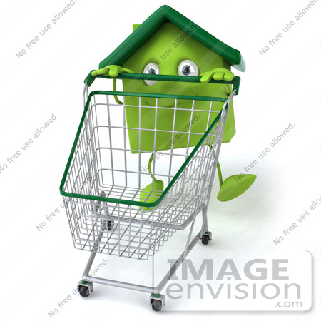 #46685 Royalty-Free (RF) Illustration Of A 3d Green Clay Home Mascot Pushing A Shopping Cart - Version 1 by Julos
