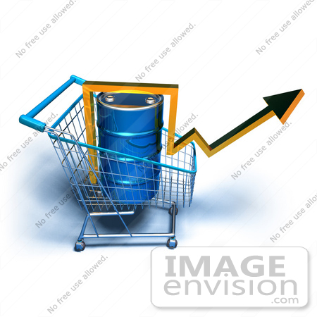 #46691 Royalty-Free (RF) Illustration Of A 3d Arrow Over An Oil Barrel In A Shopping Cart - Version 6 by Julos