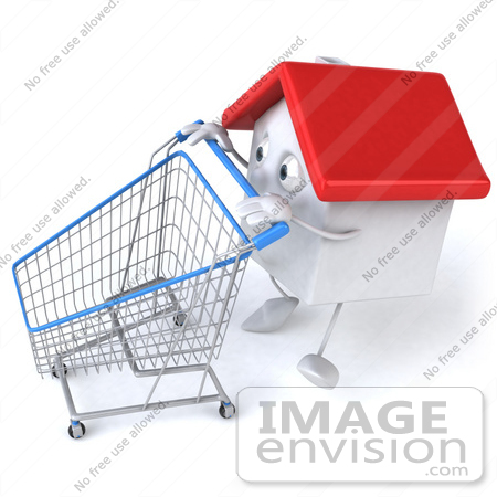 #46692 Royalty-Free (RF) Illustration Of A 3d White Clay Home Mascot Pushing A Shopping Cart - Version 2 by Julos