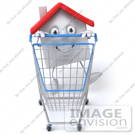 #46693 Royalty-Free (RF) Illustration Of A 3d White Clay Home Mascot Pushing A Shopping Cart - Version 1 by Julos