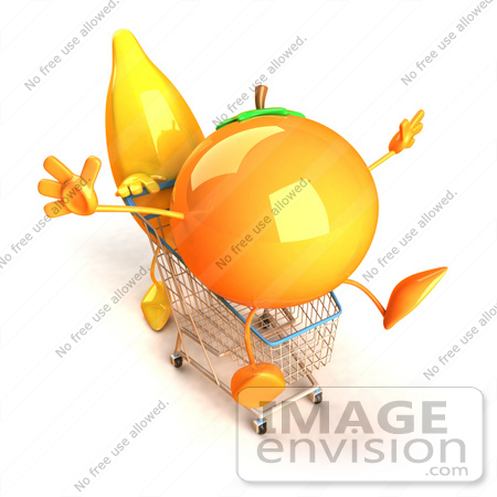 #46694 Royalty-Free (RF) Illustration Of A 3d Banana Mascot Pushing An Orange In A Shopping Cart - Version 4 by Julos