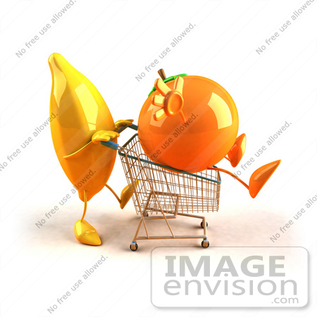 #46695 Royalty-Free (RF) Illustration Of A 3d Banana Mascot Pushing An Orange In A Shopping Cart - Version 3 by Julos