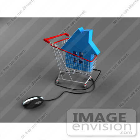 #46708 Royalty-Free (RF) Illustration Of A 3d Computer Mouse Under A Blue Home In A Shopping Cart by Julos