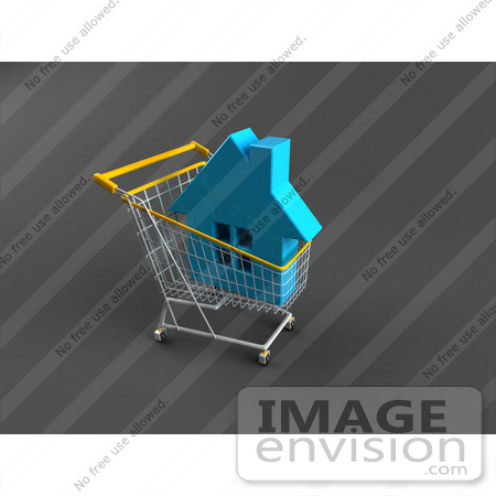 #46709 Royalty-Free (RF) Illustration Of A 3d Blue Home In A Shopping Cart by Julos
