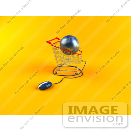 #46713 Royalty-Free (RF) Illustration Of A 3d Blue Globe Resting In A Shopping Cart With A Computer Mouse - Version 2 by Julos