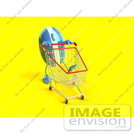 #46714 Royalty-Free (RF) Illustration Of A 3d Blue Computer Mouse Mascot Pushing A Shopping Cart - Version 3 by Julos