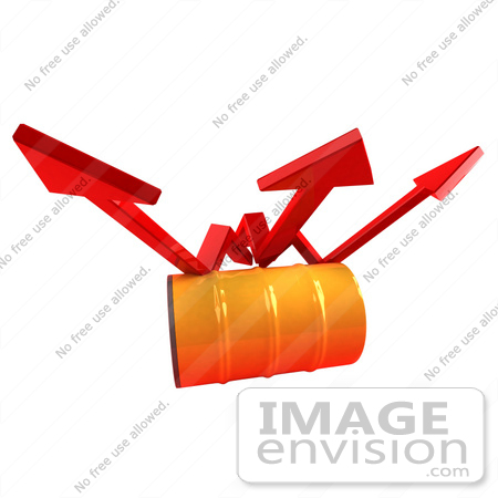 #46728 Royalty-Free (RF) Illustration Of Three 3d Red Arrows Spanning Over An Orange Oil Barrel - Version 1 by Julos