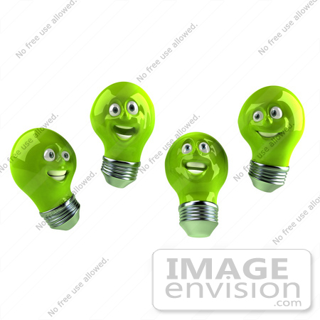 #46743 Royalty-Free (RF) Illustration Of A Group Of Happy Green 3d Electric Light Bulb Head Mascots by Julos