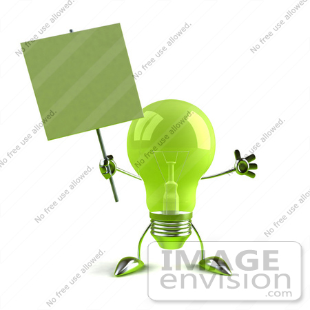 #46754 Royalty-Free (RF) Illustration Of A Green 3d Glass Light Bulb Mascot Holding A Blank Sign On A Post - Version 2 by Julos