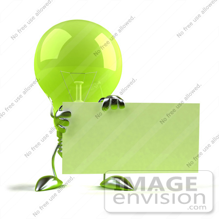 #46755 Royalty-Free (RF) Illustration Of A Green 3d Glass Light Bulb Mascot Holding Up A Blank Business Card Or Sign - Version 1 by Julos