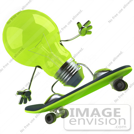 #46756 Royalty-Free (RF) Illustration Of A Green 3d Glass Light Bulb Mascot Skateboarding - Version 3 by Julos