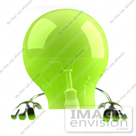 #46757 Royalty-Free (RF) Illustration Of A Green 3d Glass Light Bulb Mascot Holding Up A Blank Sign by Julos