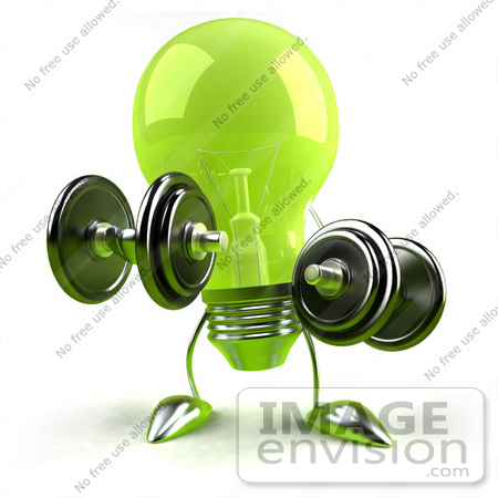 #46759 Royalty-Free (RF) Illustration Of A Green 3d Glass Light Bulb Mascot Lifting Weights - Version 1 by Julos