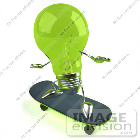 #46764 Royalty-Free (RF) Illustration Of A Green 3d Glass Light Bulb Mascot Skateboarding - Version 2 by Julos