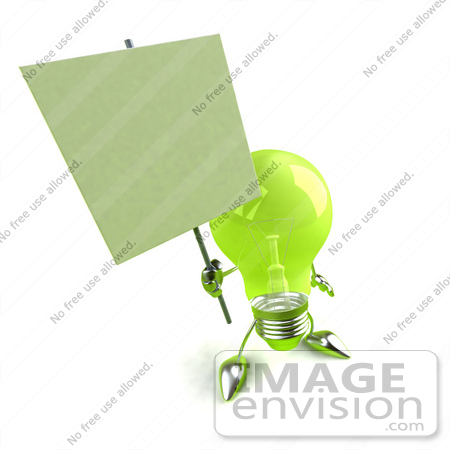 #46766 Royalty-Free (RF) Illustration Of A Green 3d Glass Light Bulb Mascot Holding A Blank Sign On A Post - Version 1 by Julos