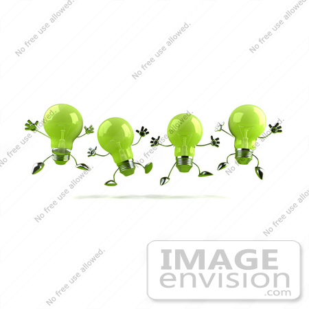 #46767 Royalty-Free (RF) Illustration Of A Row Of Green 3d Glass Light Bulb Mascots Leaping - Version 2 by Julos