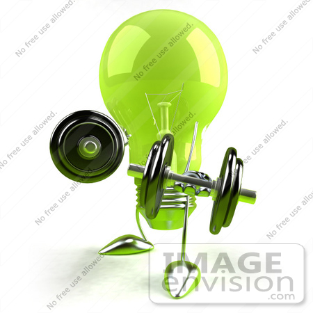 #46769 Royalty-Free (RF) Illustration Of A Green 3d Glass Light Bulb Mascot Lifting Weights - Version 2 by Julos
