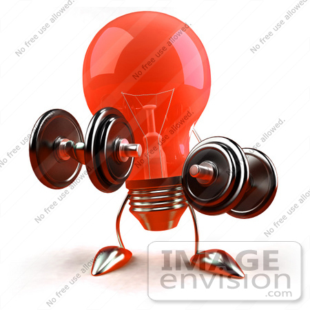 #46775 Royalty-Free (RF) Illustration of a Red 3d Glass Light Bulb Mascot Lifting Weights by Julos