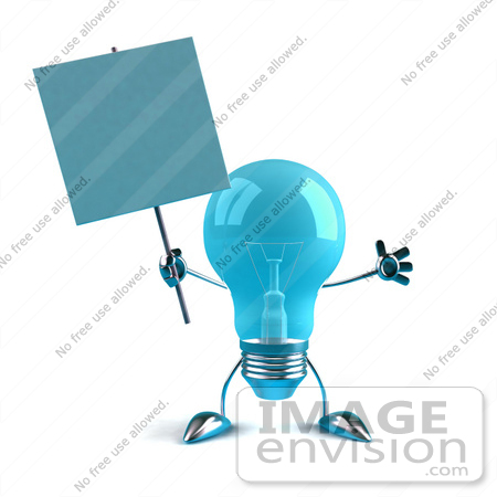 #46796 Royalty-Free (RF) Illustration Of A Blue 3d Glass Light Bulb Mascot Holding A Blank Sign On A Post - Version 2 by Julos