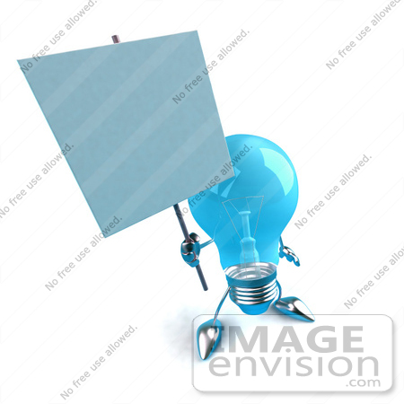 #46799 Royalty-Free (RF) Illustration Of A Blue 3d Glass Light Bulb Mascot Holding A Blank Sign On A Post - Version 1 by Julos
