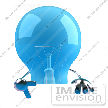 #46802 Royalty-Free (RF) Illustration Of A Blue 3d Glass Light Bulb Mascot Giving The Peace Gesture And Holding A Blank Sign by Julos