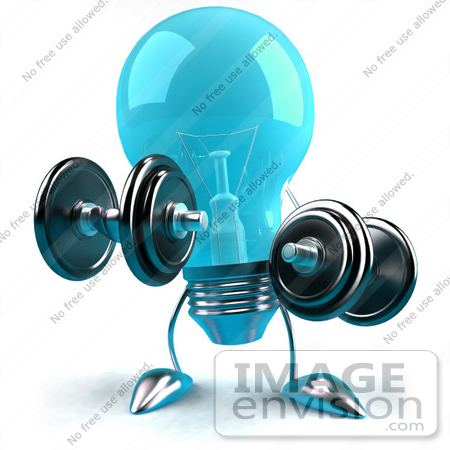 #46803 Royalty-Free (RF) Illustration Of A Blue 3d Glass Light Bulb Mascot Lifting Weights - Version 1 by Julos