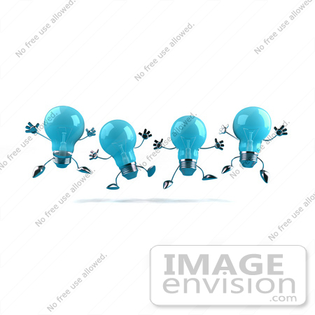 #46811 Royalty-Free (RF) Illustration Of A Row Of Blue 3d Glass Light Bulb Mascots Leaping - Version 2 by Julos