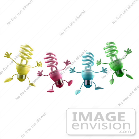 #46812 Royalty-Free (RF) Illustration Of Four Colorful 3d Spiral Light Bulb Mascots Leaping by Julos