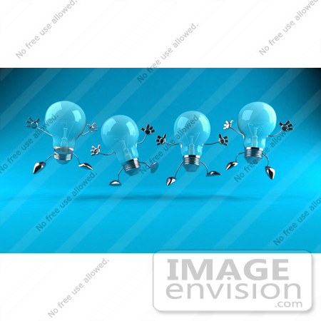 #46838 Royalty-Free (RF) Illustration Of A Row Of Blue 3d Glass Light Bulb Mascots Leaping - Version 1 by Julos