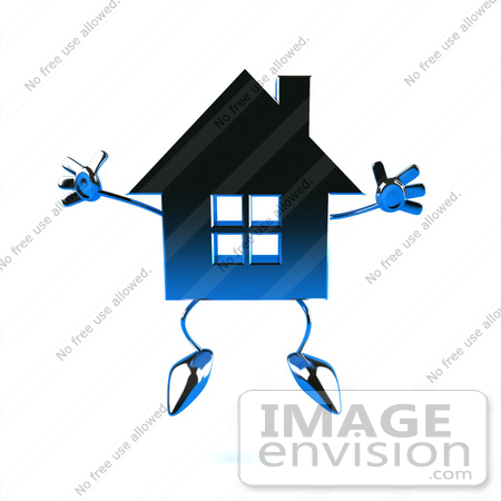 #46851 Royalty-Free (RF) Illustration Of A 3d Blue Chrome House Mascot Jumping - Version 2 by Julos