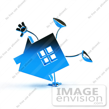 #46852 Royalty-Free (RF) Illustration Of A 3d Blue Chrome House Mascot Doing A Cartwheel - Version 1 by Julos