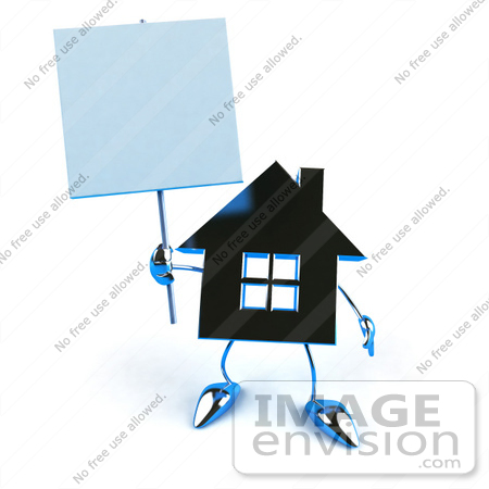 #46853 Royalty-Free (RF) Illustration Of A 3d Blue Chrome House Mascot Holding Up A Blank Sign - Version 2 by Julos