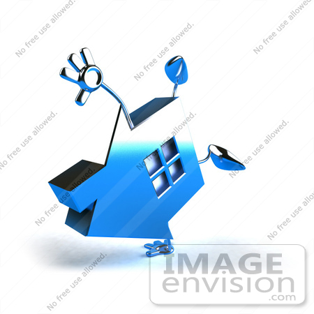 #46854 Royalty-Free (RF) Illustration Of A 3d Blue Chrome House Mascot Doing A Cartwheel - Version 2 by Julos