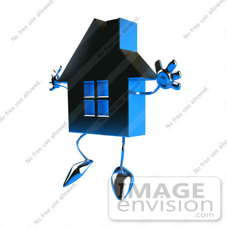 #46855 Royalty-Free (RF) Illustration Of A 3d Blue Chrome House Mascot Jumping - Version 1 by Julos