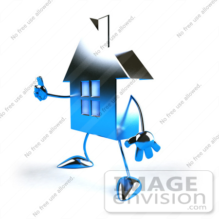 #46856 Royalty-Free (RF) Illustration Of A 3d Blue Chrome House Mascot Giving The Thumbs Up - Version 5 by Julos