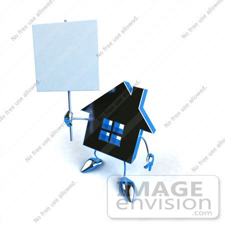 #46858 Royalty-Free (RF) Illustration Of A 3d Blue Chrome House Mascot Holding Up A Blank Sign - Version 1 by Julos