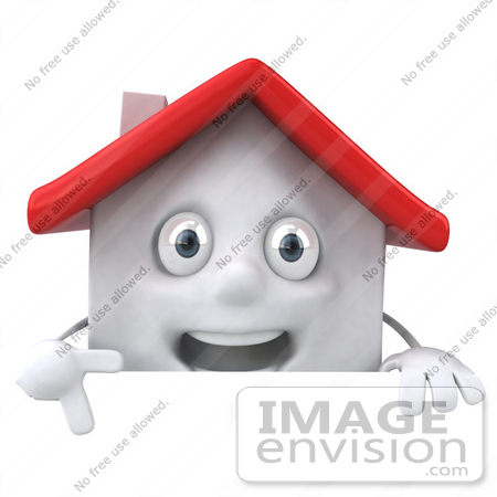 #46864 Royalty-Free (RF) Illustration Of A 3d White Clay House Mascot Pointing Down And Standing Behind A Blank Sign by Julos